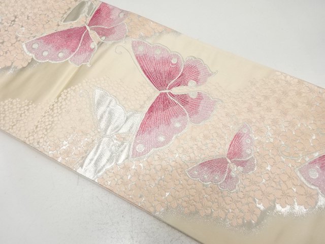 蝶に小花模様織り出し　袋帯